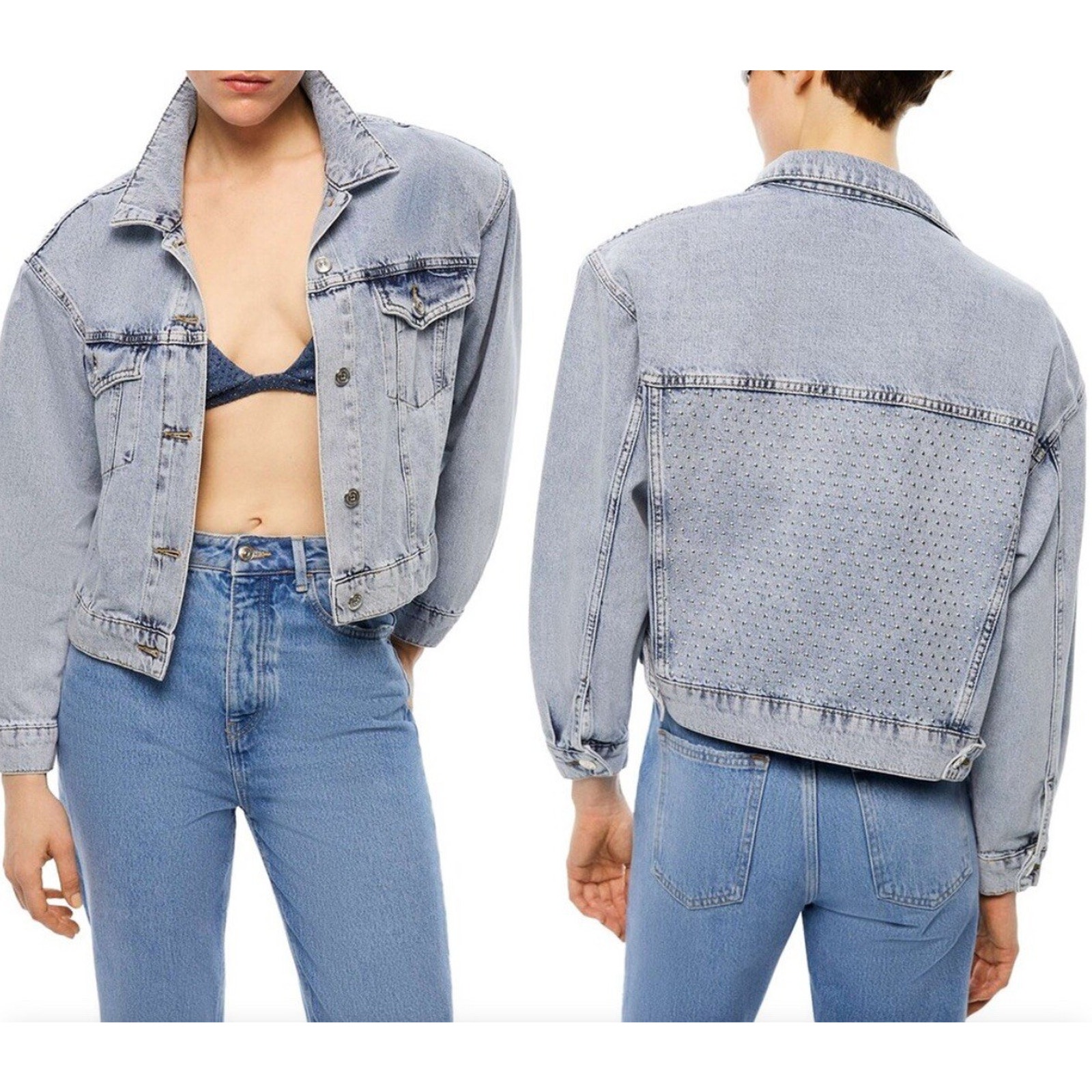 Nocturne Cropped Denim Jacket Size 34 Nwt $264 Shoulder Pads, Metal Accent Back